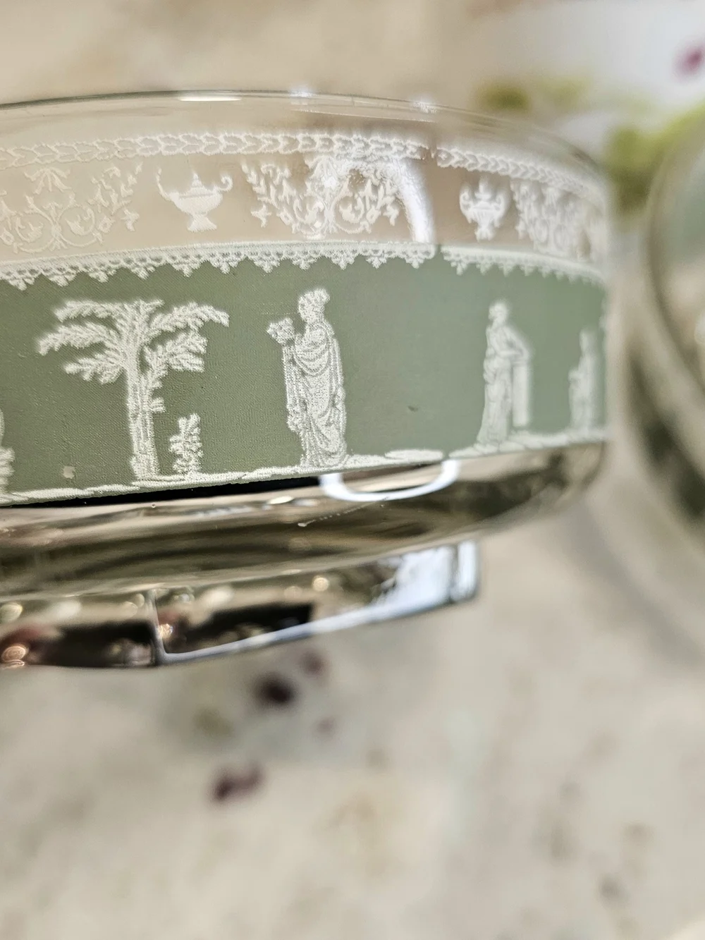Vintage Jeannette Glass Pedestal Nappy Bowl Green Band Greco Roman 1960 Set 2